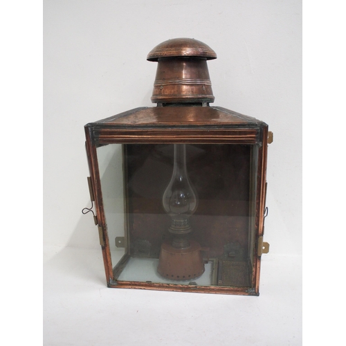 393 - GER wall station platform lamp, substantial copper construction complete with LNER reservoir & glass... 