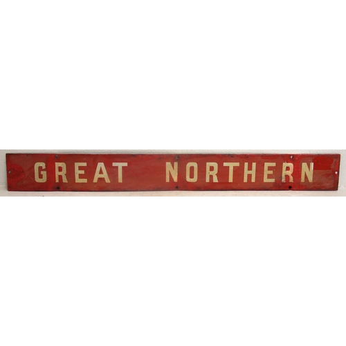 405 - Great Northern Railway enamel poster board header, white on red, enamel flat & with repairs.(C2)