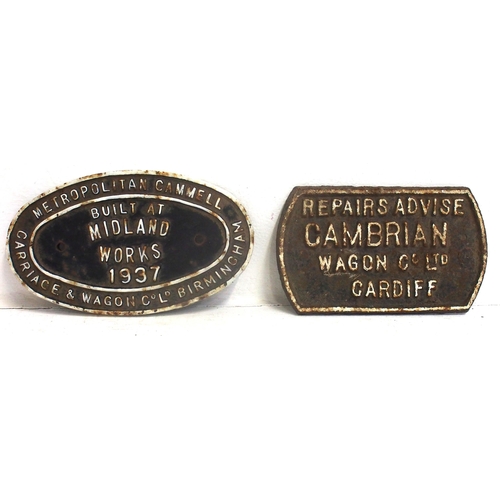 425 - Cambrian repairs Cardiff C/I wagon plate & Met Cammell 1937 C/I wagon plates (2) (C3) (Dispatch by M... 