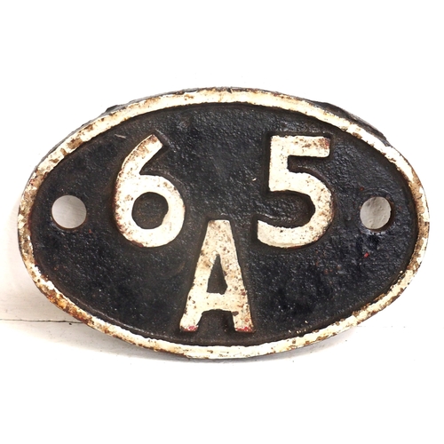 434 - Shedplate, 65A, ex loco condition, pattern details, district plate etc, on back, Glasgow Eastfield 1... 