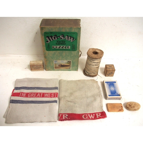 436 - GWR miscellaneous small items including hand towel, marked reel of parcel tape, No 1 pen nib box, ra... 