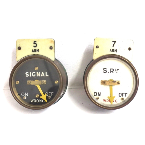 527 - Southern Rly brass cased signal repeaters both with ivorine labels on brass stands, needles free mov... 