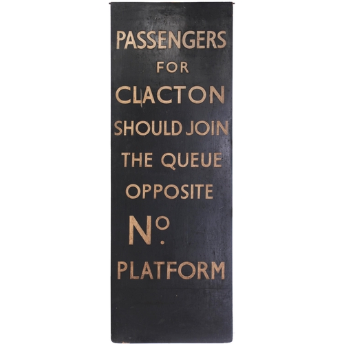 619 - Liverpool Street departure board, PASSENGERS FOR CLACTON SHOULD JOIN THE QUEUE OPPOSITE No ... PLATF... 