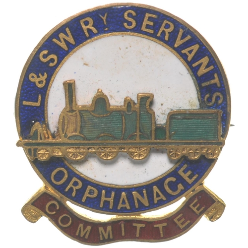 622 - Badge, L&SWR SERVANTS ORPHANAGE COMMITTEE, brass, multicoloured enamel, depicting locomotive, 1¼