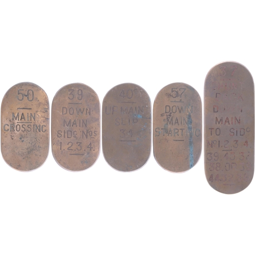 628 - Furness Railway lever plates from Plumpton Junction, engraved brass, as shown. (5)