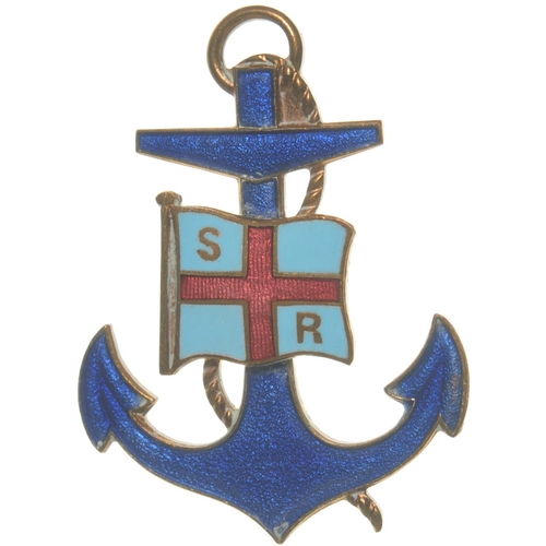 634 - Southern Railway Shipping badge, showing SR house flag on blue anchor, brass/enamel, 1¼