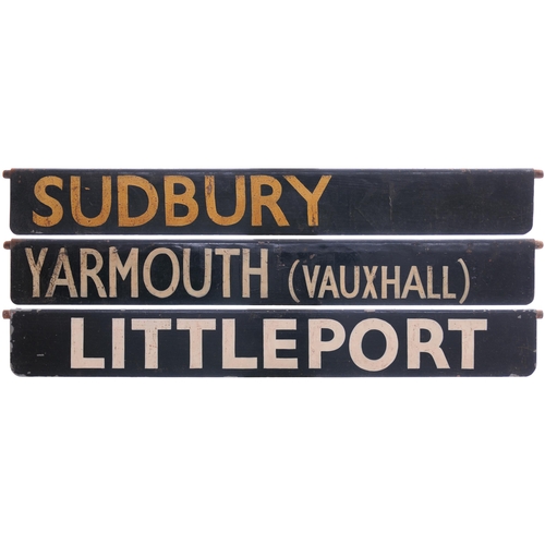 636 - Liverpool Street departure indicator plates, LITTLEPORT, YARMOUTH (VAUXHALL), SUDBURY, painted steel... 