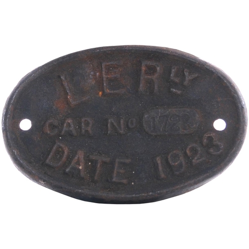 649 - London Electric Railway numberplate, LERy CAR No 1723, DATE 1923, cast iron, 4¼