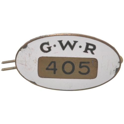 655 - GWR Temporary Porter badge, GWR, 405, brass/enamel, 1¾