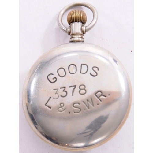 663 - LSWR pocket watch, GOODS 3378 L&SWR on the back of the case, runs when wound.