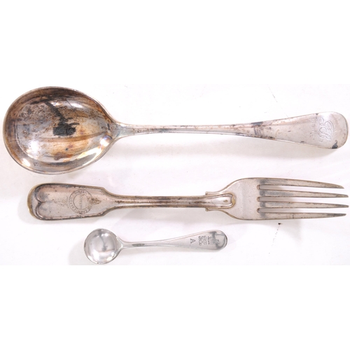 675 - Cutlery, GER salt spoon, with bat's wing device, GER Ipswich soup spoon, GER Hotel Harwich fork, wit... 