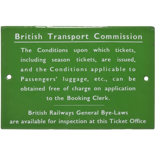 681 - BTC(S) Ticket Conditions notice, light green, enamel, 6