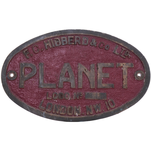 687 - Worksplate F.C. HIBBERD PLANET 3596. From a standard gauge 48HP chain-drive locomotive new in Februa... 