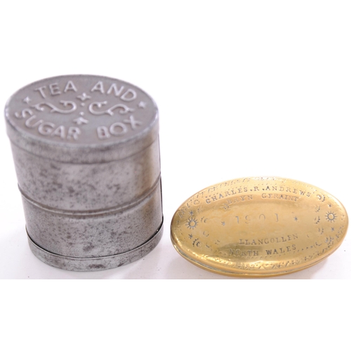 689 - Loco crew tea/sugar tin, double ended, also brass snuff box, Charles Andrews, Bryn Gerant Llangollen... 