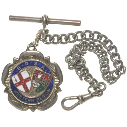 701 - British Railways Staff Association, chromed/enamel with chain fob, BRSA WESTERN REGION, featuring GW... 