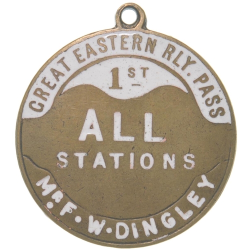 736 - GER First Class pass, ALL STATIONS, MR F DINGLEY, brass/white enamel, 1¼