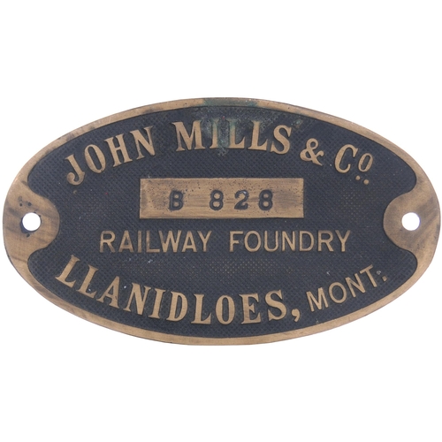 775 - Wagon or builders plate, JOHN MILLS & Co, RAILWAY FOUNDRY LLANIDLOES MONT, B828, cast brass, 7