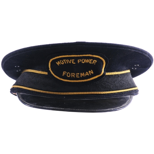 782 - Southern Railway cap, MOTIVE POWER FOREMAN, black/yellow cloth badge, size 10⅞, excellent condition.