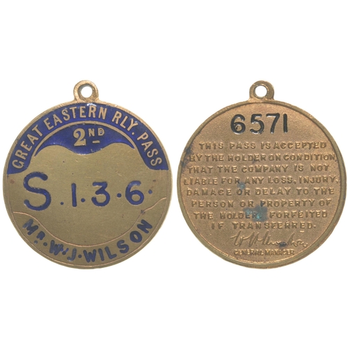 830 - A director's pass, GREAT EASTERN RAILWAY, 2ND, MR W.J. WILSON S 1.3.6, brass/blue enamel, 1¼