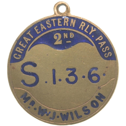 830 - A director's pass, GREAT EASTERN RAILWAY, 2ND, MR W.J. WILSON S 1.3.6, brass/blue enamel, 1¼