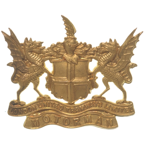 834 - London United Tramways cap badge, MOTORMAN, brass, 2½