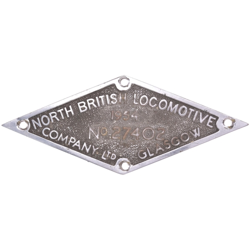 840 - Worksplate, NORTH BRITISH LOCOMOTIVE COMPANY, Ltd, 27402, 1954, from a standard gauge 0-6-0 diesel-h... 