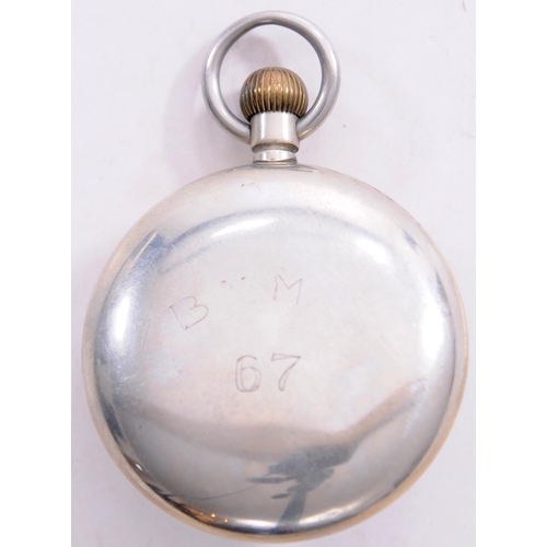 845 - Brecon and Merthyr Railway pocket watch, the back of the case marked B&M 67, worn, runs when wound.