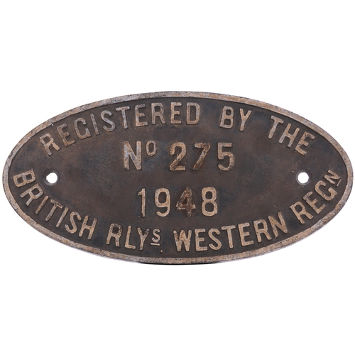 860 - Locomotive registration plate, REGISTERED BY THE BRITISH RLYs WESTERN REGn, No 275, 1948, from a 0-6... 