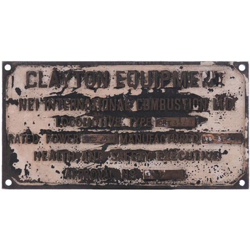 868 - Worksplate CLAYTON EQUIPMENT B2205 dated 26.03.1980. From a 2ft 4in gauge 4-ton, 4-wheel flameproofe... 