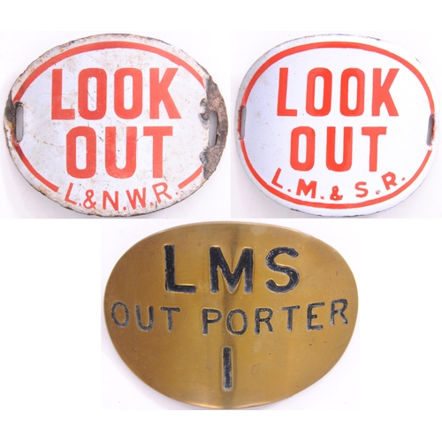 908 - Armbands, LMS OUT PORTER 1, engraved brass, clips to rear, also LOOK OUT, LM&SR and L&NWR, the latte... 