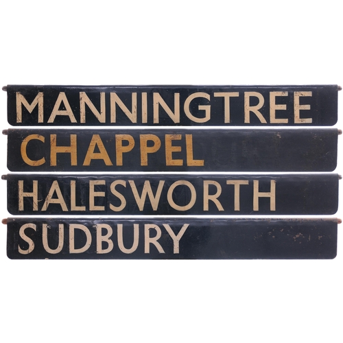 939 - Liverpool Street departure indicator plates, MANNINGTREE, CHAPPEL, HALESWORTH, SUDBURY, painted stee... 