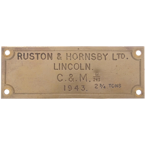 947 - Worksplate RUSTON & HORNSBY 183060 from a standard gauge 48HP chain-drive locomotive new in 1937 to ... 