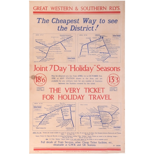 969 - Double royal poster, GWR & SR HOLIDAY SEASON TICKETS, with maps of areas 17, 18, 20 and 25 (1938), s... 