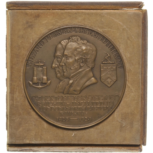 982 - S&DR Railway Centenary medal, 1825-1925, two examples, one box poor, the other box lid absent, medal... 