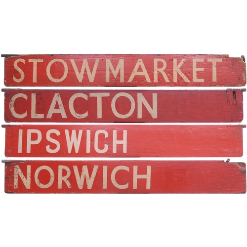 998 - Liverpool Street departure indicator plates, IPSWICH, NORWICH, CLACTON, STOWMARKET, painted wood wit... 