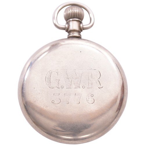 469 - GWR pocket watch, back of case marked, GWR, 3776, top hinged movement, winder not engaged, requires ... 