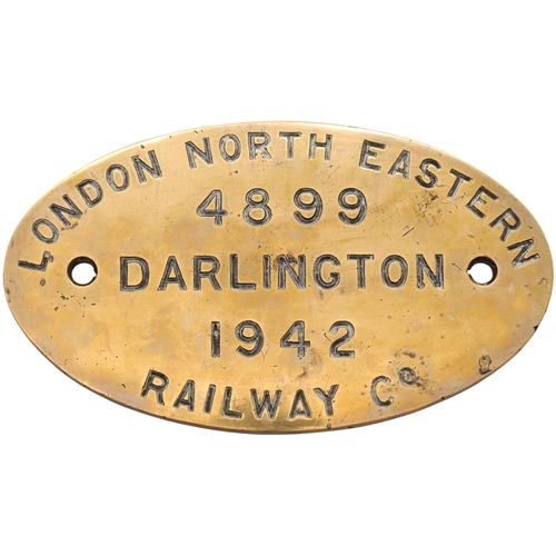 103 - A worksplate, LONDON NORTH EASTERN RAILWAY, 4899, DARLINGTON, 1942, from a LNER V2 Class 2-6-2 No 48... 