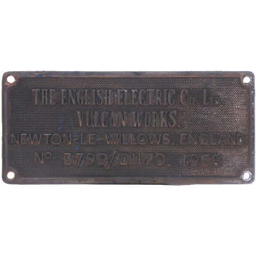 110 - A worksplate, ENGLISH ELECTRIC/VULCAN FOUNDRY, 3799/D1170, 1968, from a BR Class 50 No D429, renumbe... 