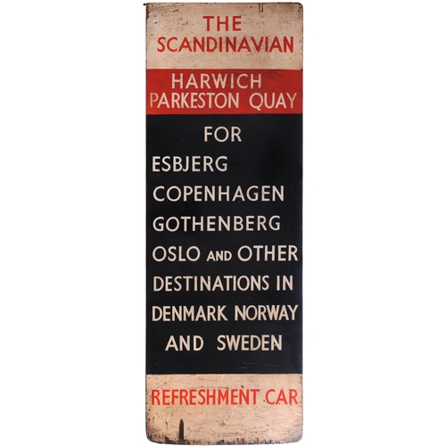 128 - A train destination board, from the Liverpool Street departure indicator, THE SCANDINAVIAN, HARWICH ... 