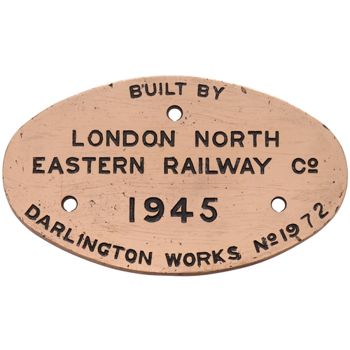 129 - A worksplate, LONDON NORTH EASTERN RAILWAY, DARLINGTON, 1972, 1945, from a Stanier type 8F 2-8-0 bui... 