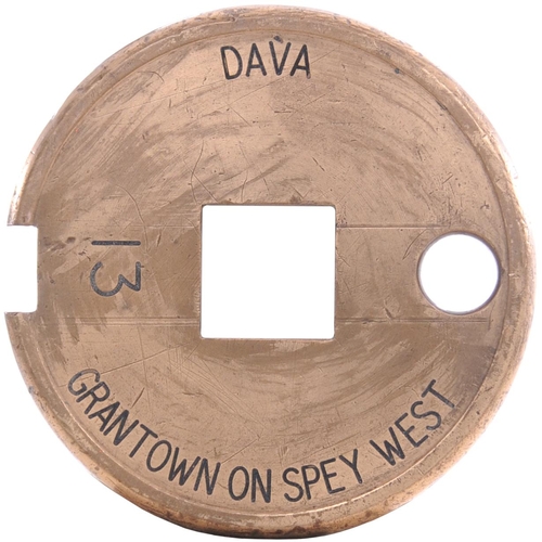 142 - A Tyers No 6 single line tablet, DAVA-GRANTOWN ON SPEY WEST, (brass) from the Aviemore to Forres rou... 