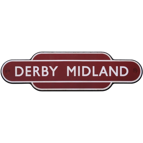 143 - A BR(M) totem sign, DERBY MIDLAND, (f/f), excellent colour, reasonable shine, two chips at the end f... 