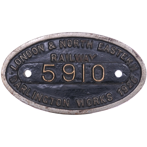 148 - A worksplate, LONDON & NORTH EASTERN RAILWAY, 5910, DARLINGTON, 1926, from a LNER J38 Class 0-6-0 bu... 