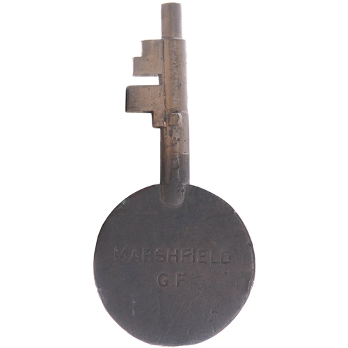 157 - A ground frame key, MARSHFIELD G.F, (engraved brass), from the Newport to Cardiff main line. (Postag... 