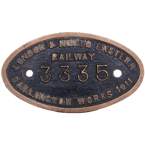 160 - A worksplate, LONDON & NORTH EASTERN RAILWAY, 3335, DARLINGTON, 1911, from a NER Q5 Class 0-8-0 No 7... 