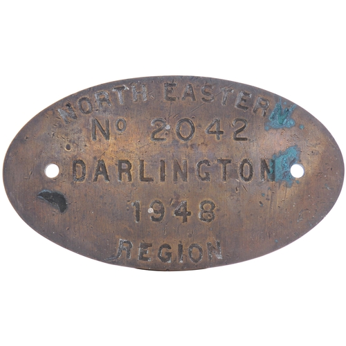 164 - A worksplate, NORTH EASTERN REGION, 2042, DARLINGTON, 1948, from a LNER L1 Class 2-6-4T No 67724 whi... 