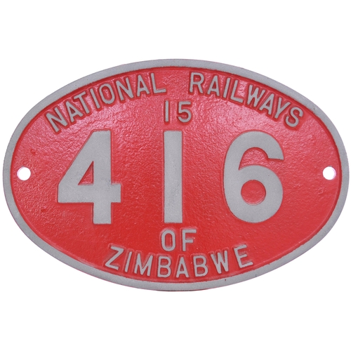 167 - A cabside numberplate, NATIONAL RAILWAYS OF ZIMBABWE, 416, 15, from a Class 15A 4-6-4+4-6-4 Beyer Ga... 