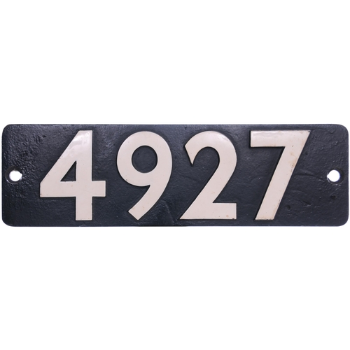 172 - A smokebox numberplate, 4927, from a GWR 4900 Hall Class 4-6-0 FARNBOROUGH HALL. The front repainted... 