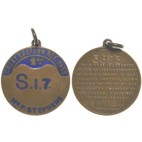 181 - A Great Eastern Railway 2nd Class pass, S17 Mr S Stevens, brass/blue enamel, 1¼