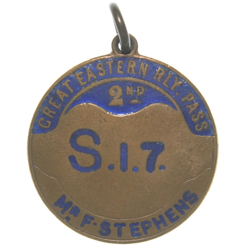 181 - A Great Eastern Railway 2nd Class pass, S17 Mr S Stevens, brass/blue enamel, 1¼